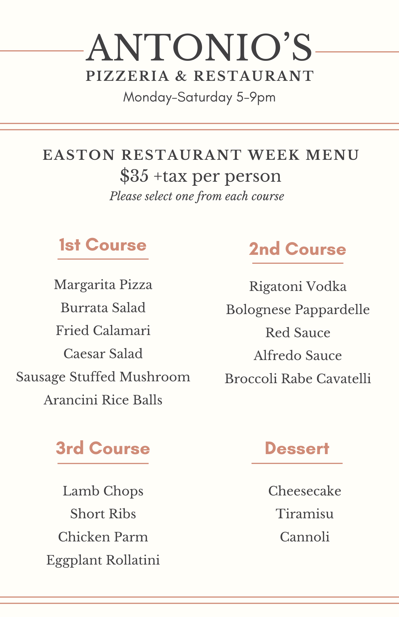 Antonio’s Pizzeria & Restaurant Easton Restaurant Week